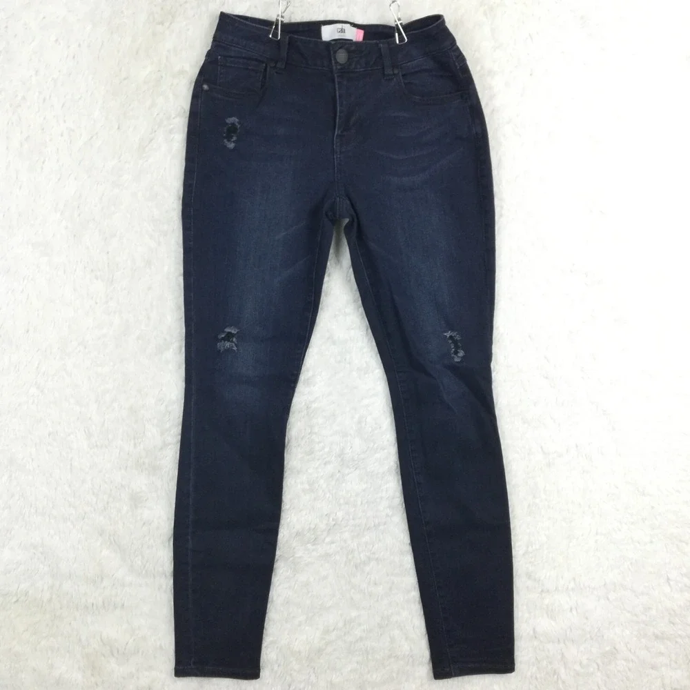 Cabi Womens Jeans Curvy Skinny Blue Denim Dark Wash Distressed Mid Rise 4‎
